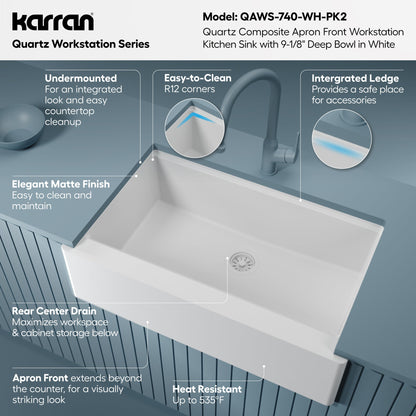 34" Deep Apron Front Single Bowl Quartz Kitchen Sink Kit In White