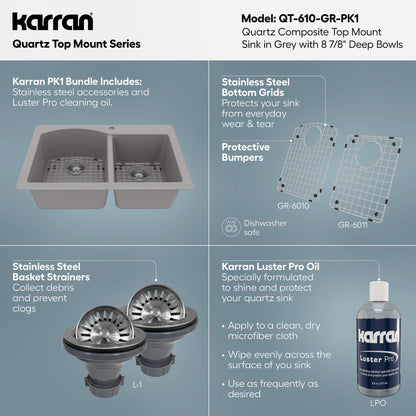 33" Top Mount Double Offset Bowl Quartz Composite Kitchen Sink Kit In Grey