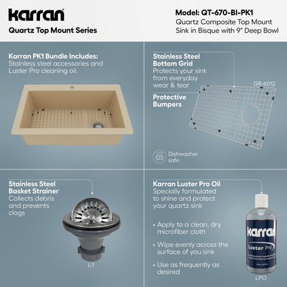 33" Top Mount Large Single Bowl Quartz Composite Kitchen Sink Kit In Bisque