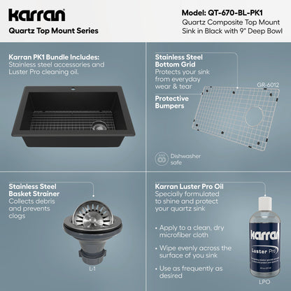 33" Top Mount Large Single Bowl Quartz Composite Kitchen Sink Kit In Black