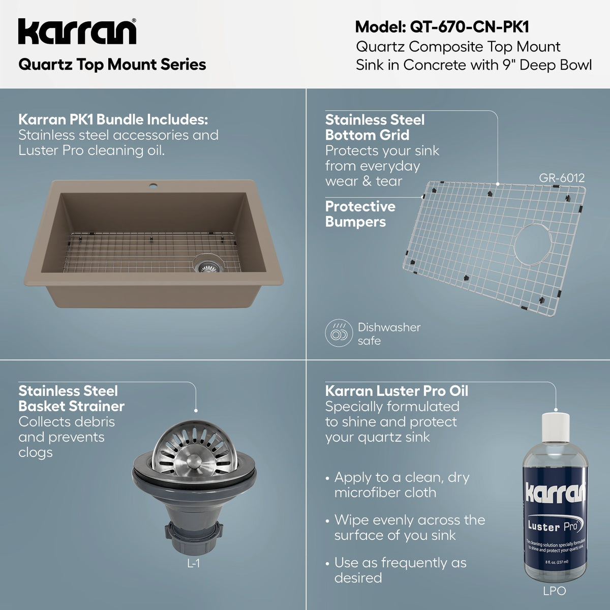 33" Top Mount Large Single Bowl Quartz Composite Kitchen Sink Kit In Concrete