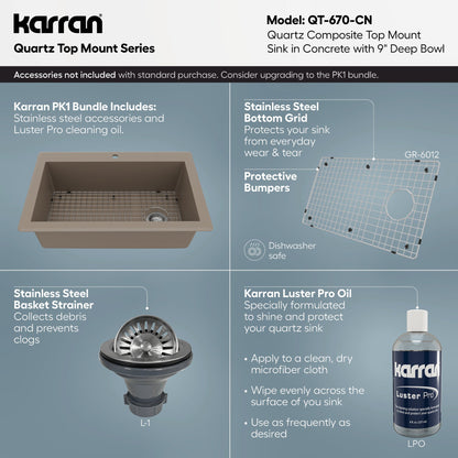 33" Top Mount Large Single Bowl Quartz Composite Kitchen Sink In Concrete