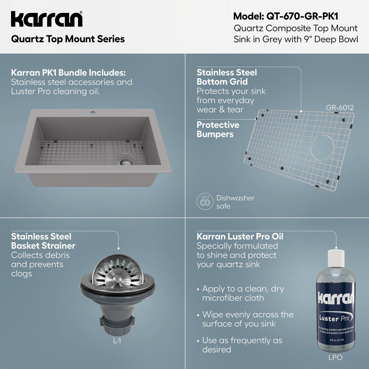 33" Top Mount Large Single Bowl Quartz Composite Kitchen Sink Kit In Grey