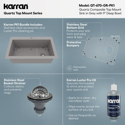 33" Top Mount Large Single Bowl Quartz Composite Kitchen Sink Kit In Grey