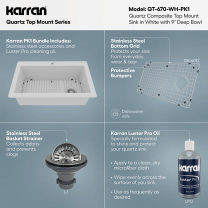 33" Top Mount Large Single Bowl Quartz Composite Kitchen Sink Kit In White