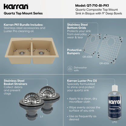 33" Top Mount Double Equal Bowl Quartz Composite Kitchen Sink Kit In Bisque