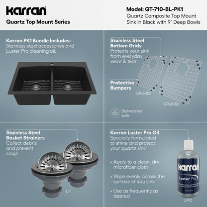 33" Top Mount Double Equal Bowl Quartz Composite Kitchen Sink Kit In Black