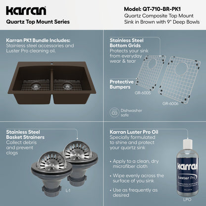 33" Top Mount Double Equal Bowl Quartz Composite Kitchen Sink Kit In Brown