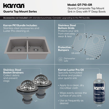 33" Top Mount Double Equal Bowl Quartz Composite Kitchen Sink In Grey