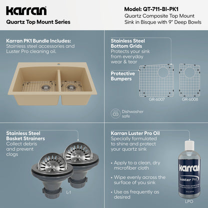 33" Top Mount Double Offset Bowl Quartz Composite Kitchen Sink Kit In Bisque