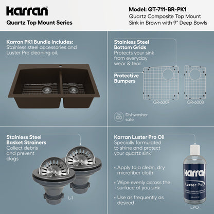 33" Top MountDouble Offset Bowl Quartz Composite Kitchen Sink Kit In Brown