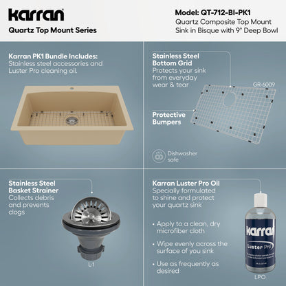 33" Top Mount Large Single Bowl Quartz Composite Kitchen Sink Kit In Bisque