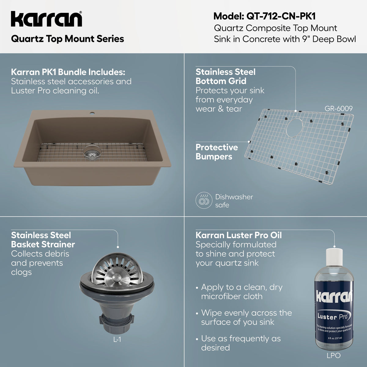 33" Top Mount Large Single Bowl Quartz Composite Kitchen Sink Kit Concrete
