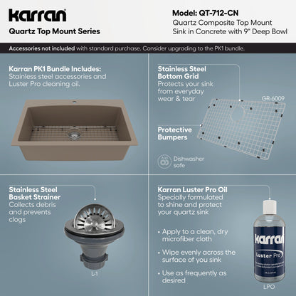 33" Top Mount Large Single Bowl Quartz Composite Kitchen Sink In Concrete