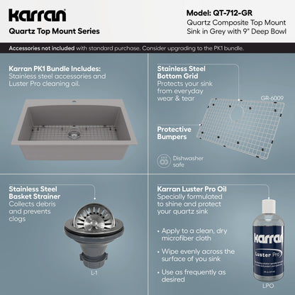 33" Top Mount Large Single Bowl Quartz Composite Kitchen Sink In Grey