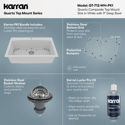 33" Top Mount Large Single Bowl Quartz Composite Kitchen Sink Kit White