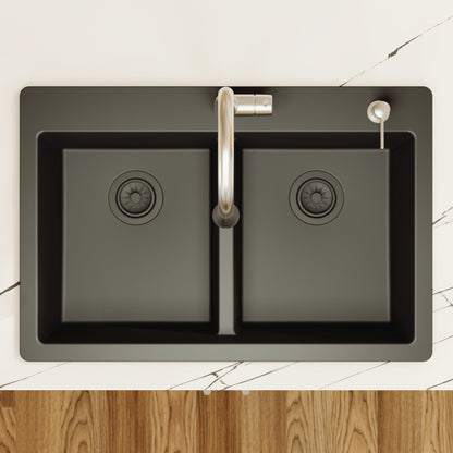 33" Top Mount Double Bowl Quartz Composite Kitchen Sink In Black