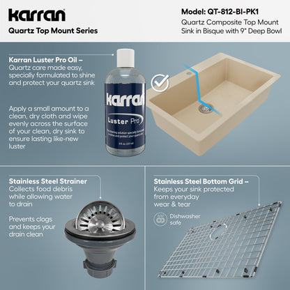 33" Top Mount Large Single Bowl Quartz Composite Kitchen Sink Kit In Bisque