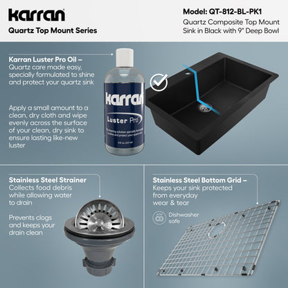 33" Top Mount Large Single Bowl Quartz Composite Kitchen Sink Kit In Black