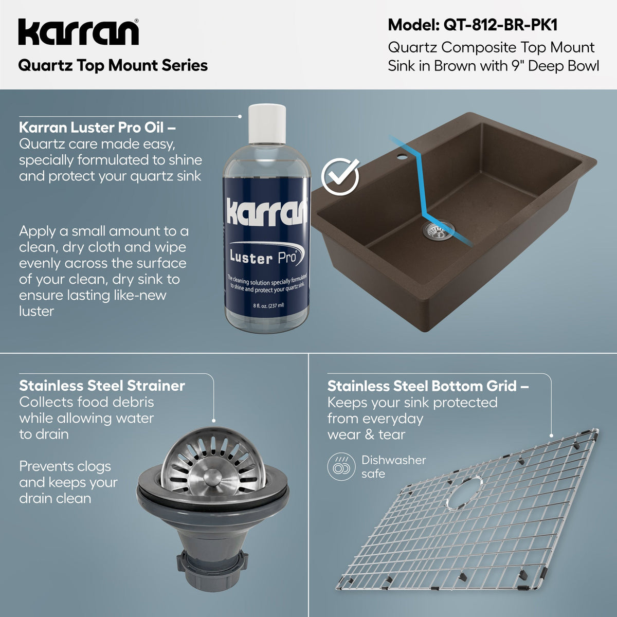 33" Top Mount Large Single Bowl Quartz Composite Kitchen Sink Kit In Brown