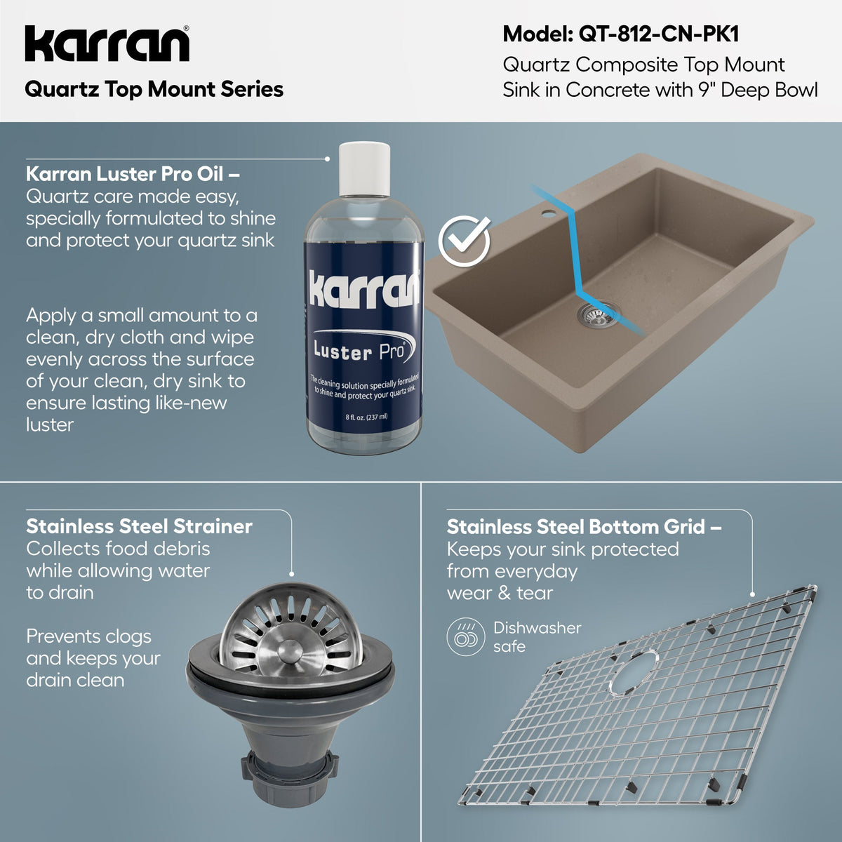 33" Top Mount Large Single Bowl Quartz Composite Kitchen Sink Kit In Concrete