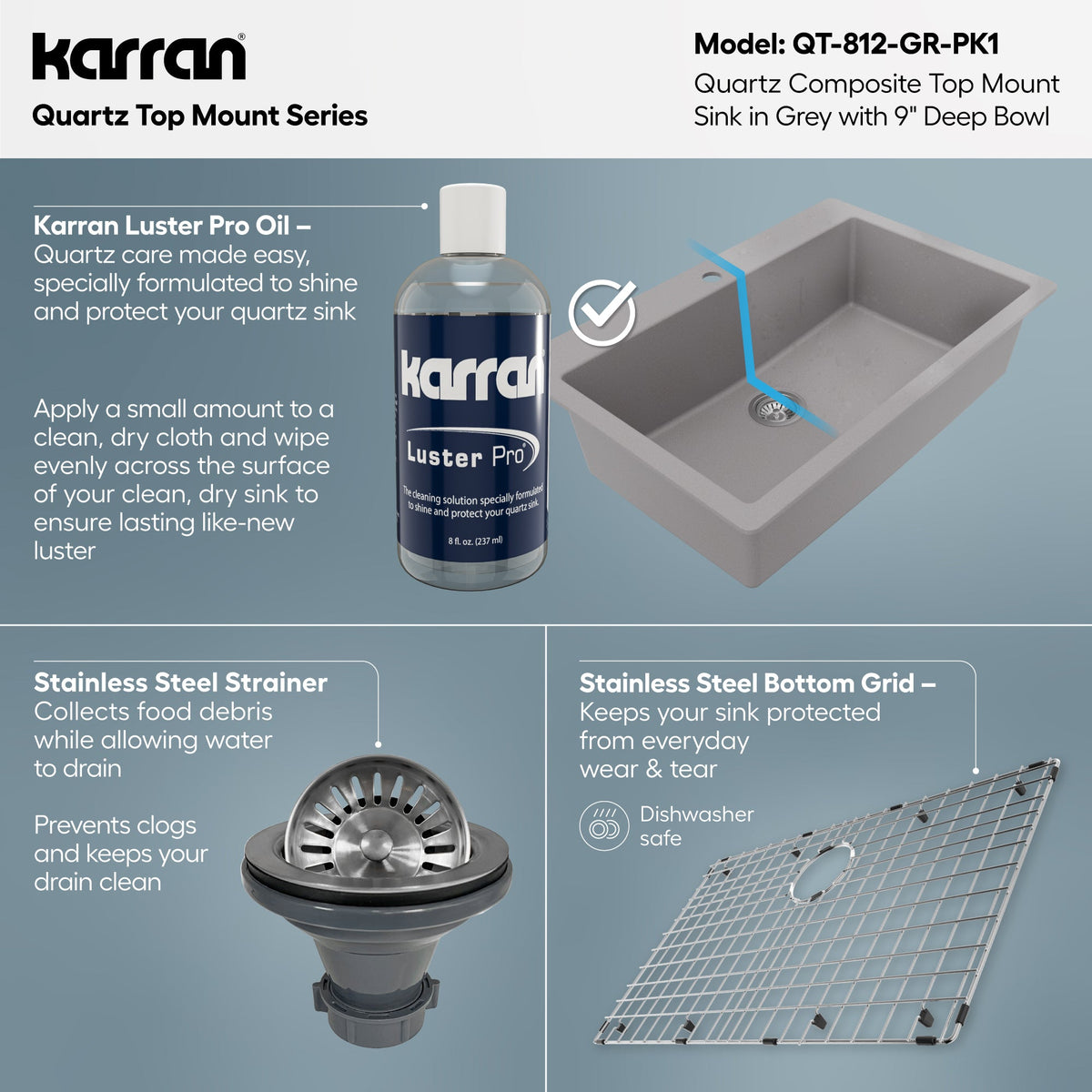 33" Top Mount Large Single Bowl Quartz Composite Kitchen Sink Kit In Grey