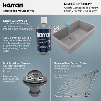 33" Top Mount Large Single Bowl Quartz Composite Kitchen Sink Kit In Grey