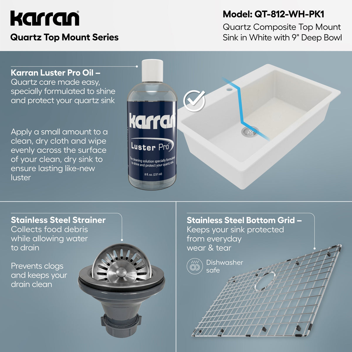 33" Top Mount Large Single Bowl Quartz Composite Kitchen Sink Kit In White