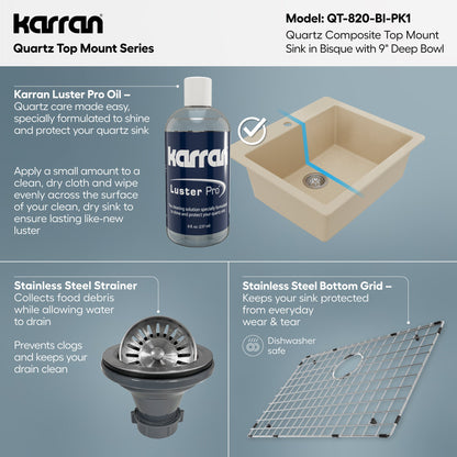 25" Top Mount Single Bowl Quartz Composite Kitchen Sink Kit In Bisque