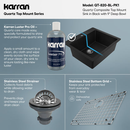25" Top Mount Single Bowl Quartz Composite Kitchen Sink Kit In Black