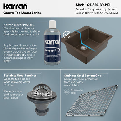 25" Top Mount Single Bowl Quartz Composite Kitchen Sink Kit In Brown