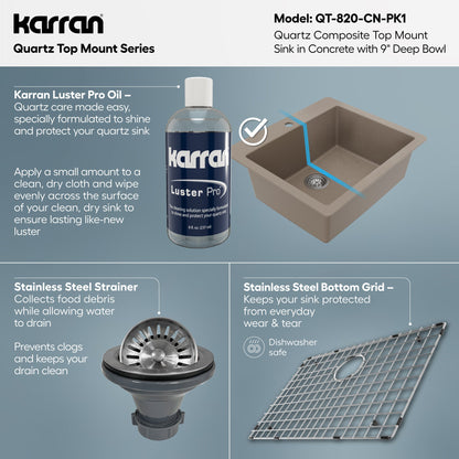 25" Top Mount Single Bowl Quartz Composite Kitchen Sink Kit In Concrete