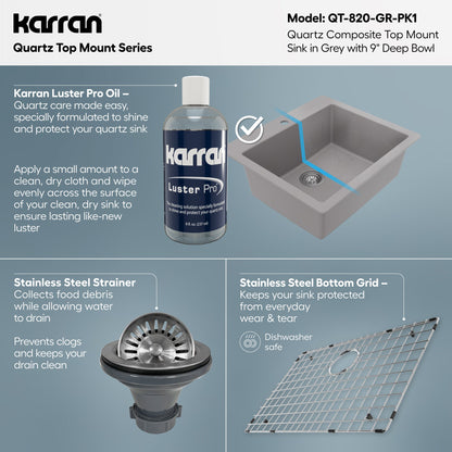 25" Top Mount Single Bowl Quartz Composite Kitchen Sink Kit In Grey