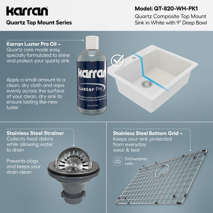 25" Top Mount Single Bowl Quartz Composite Kitchen Sink Kit In White