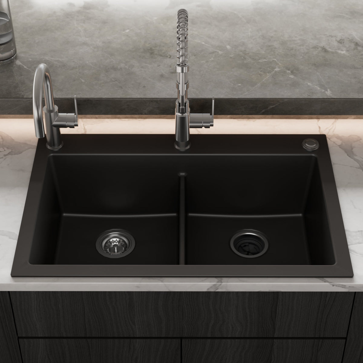 33" Top Mount Double Bowl Granite Kitchen Sink in Black