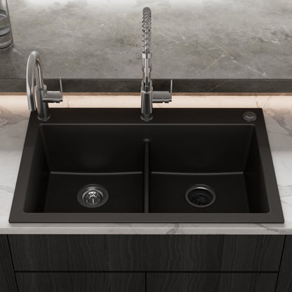 33" Top Mount Double Bowl Granite Kitchen Sink in Black