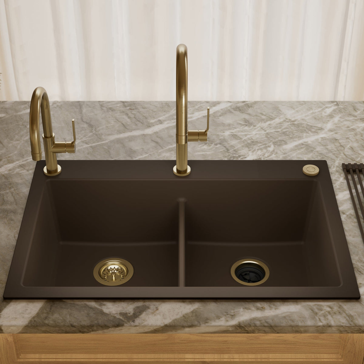 33" Top Mount Double Bowl Granite Kitchen Sink in Brown