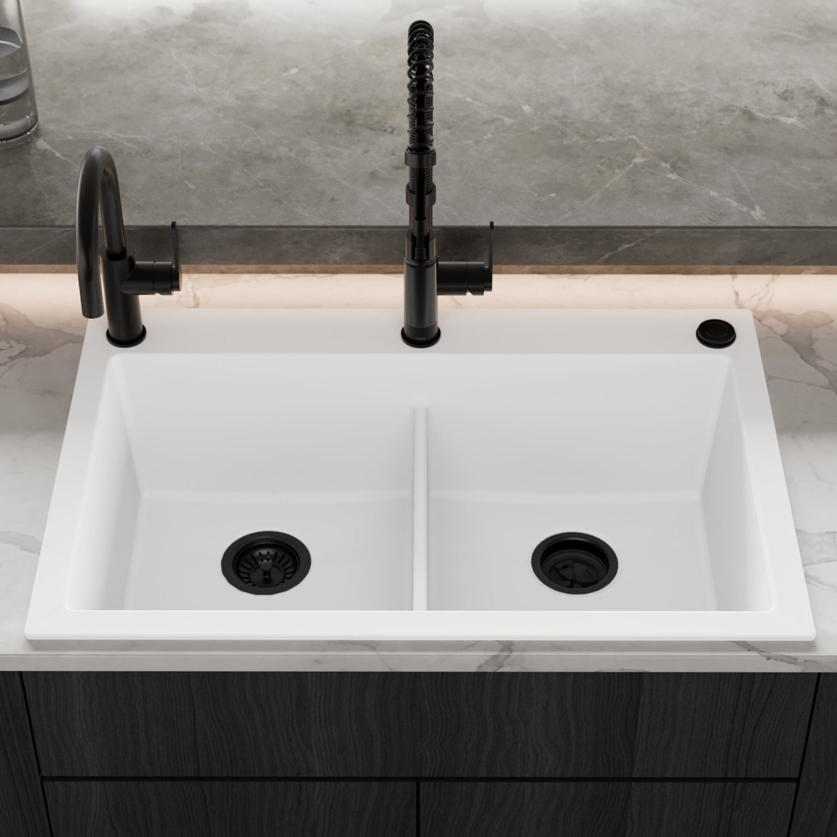 33" Top Mount Double Bowl Granite Kitchen Sink in White