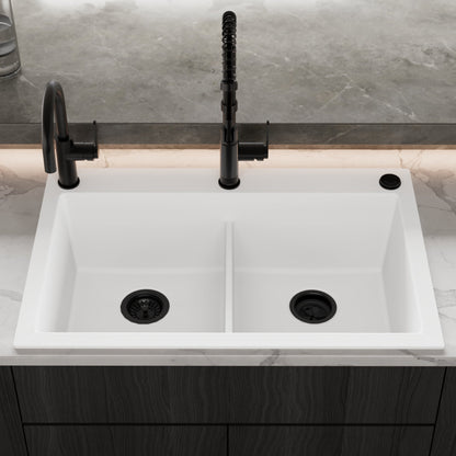 33" Top Mount Double Bowl Granite Kitchen Sink in White