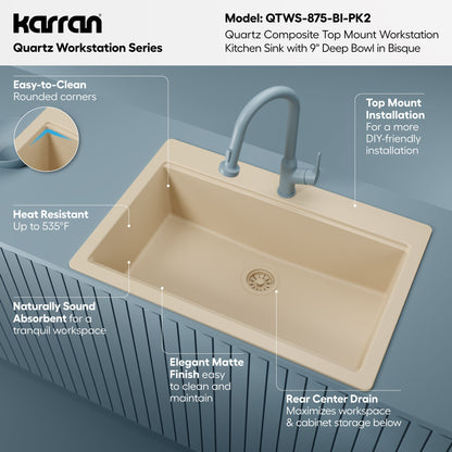 33" Top Mount Single Bowl Quartz Kitchen Sink Kit In Bisque