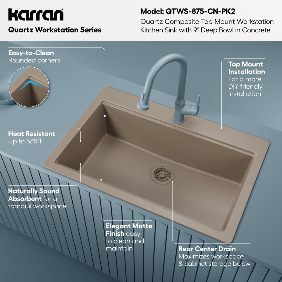 33" Top Mount Single Bowl Quartz Kitchen Sink Kit In Concrete