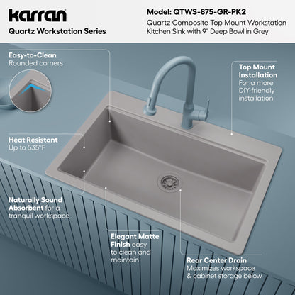 33" Top Mount Single Bowl Quartz Kitchen Sink Kit In Grey