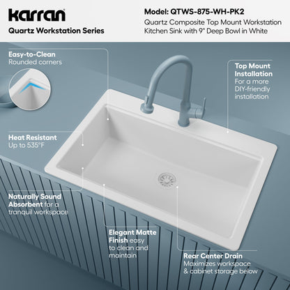 33" Top Mount Single Bowl Quartz Kitchen Sink Kit In White
