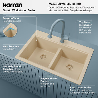 33" Top Mount Double Bowl Quartz Kitchen Sink Kit In Bisque