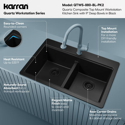 33" Top Mount Double Bowl Quartz Kitchen Sink Kit In Black