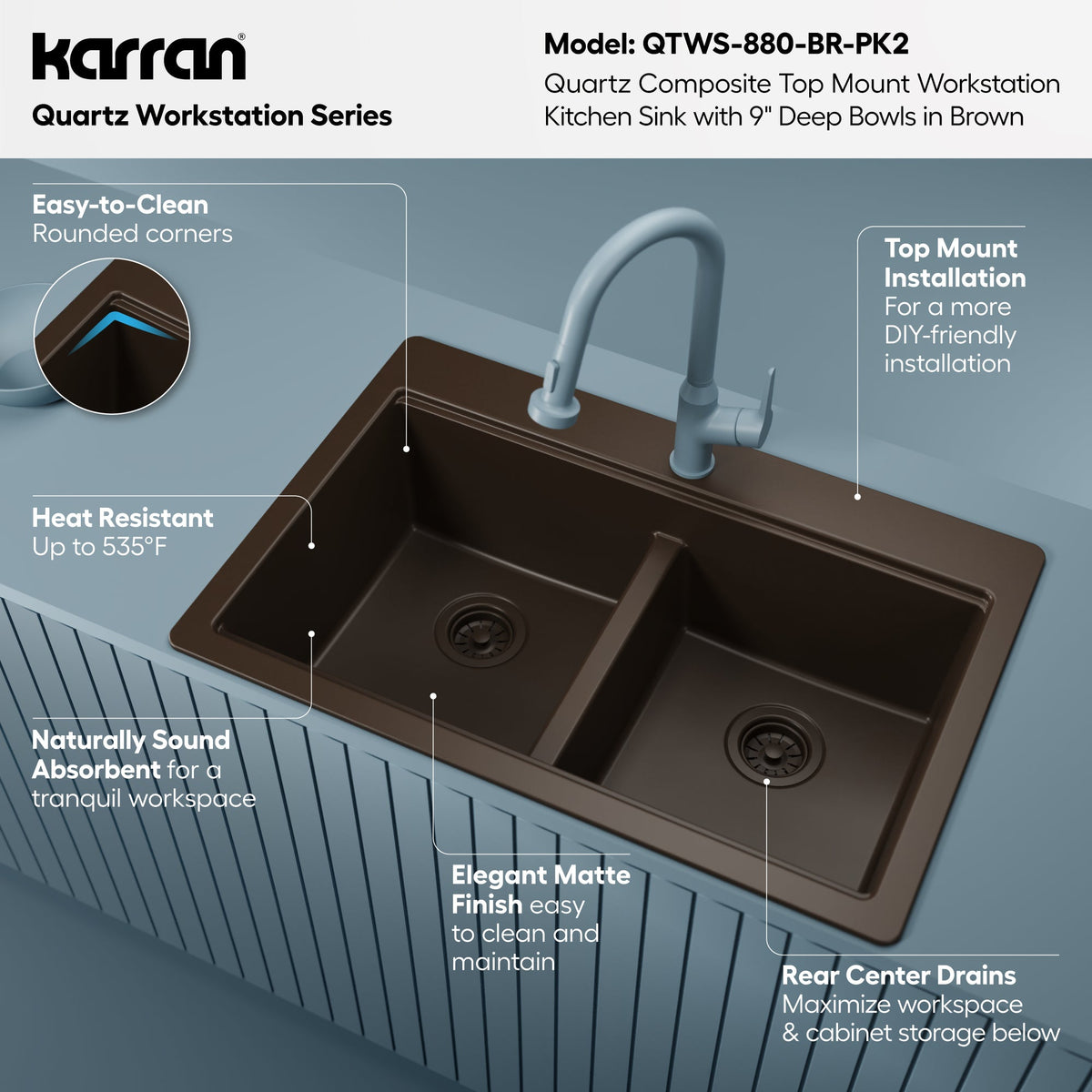 33" Top Mount Double Bowl Quartz Kitchen Sink Kit In Brown