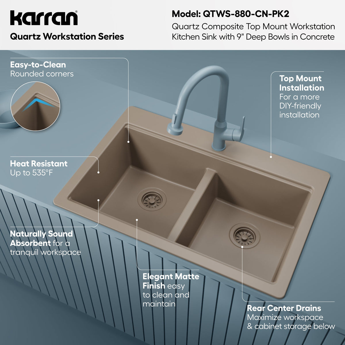 33" Top Mount Double Bowl Quartz Kitchen Sink Kit In Concrete