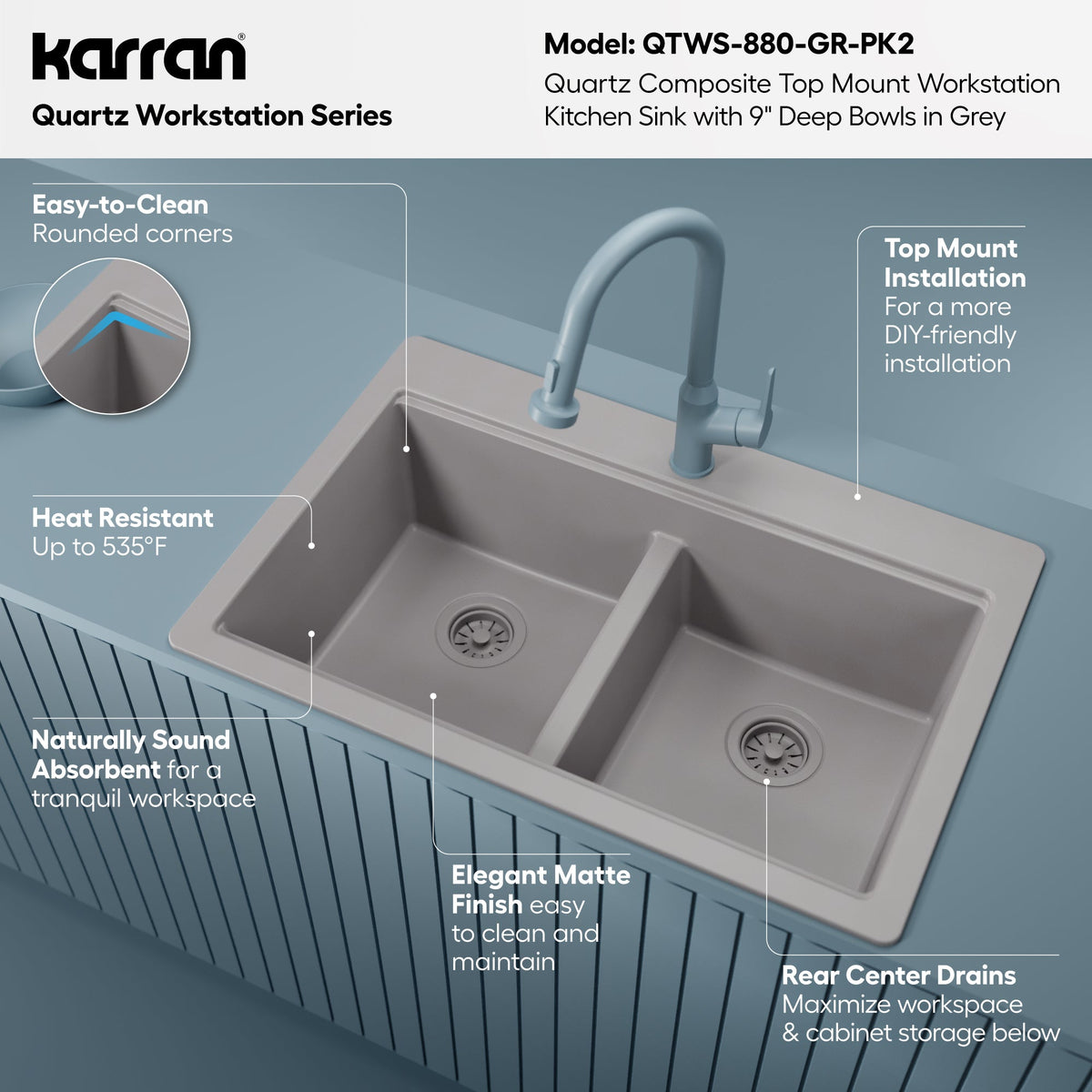 33" Top Mount Double Bowl Quartz Kitchen Sink Kit In Grey