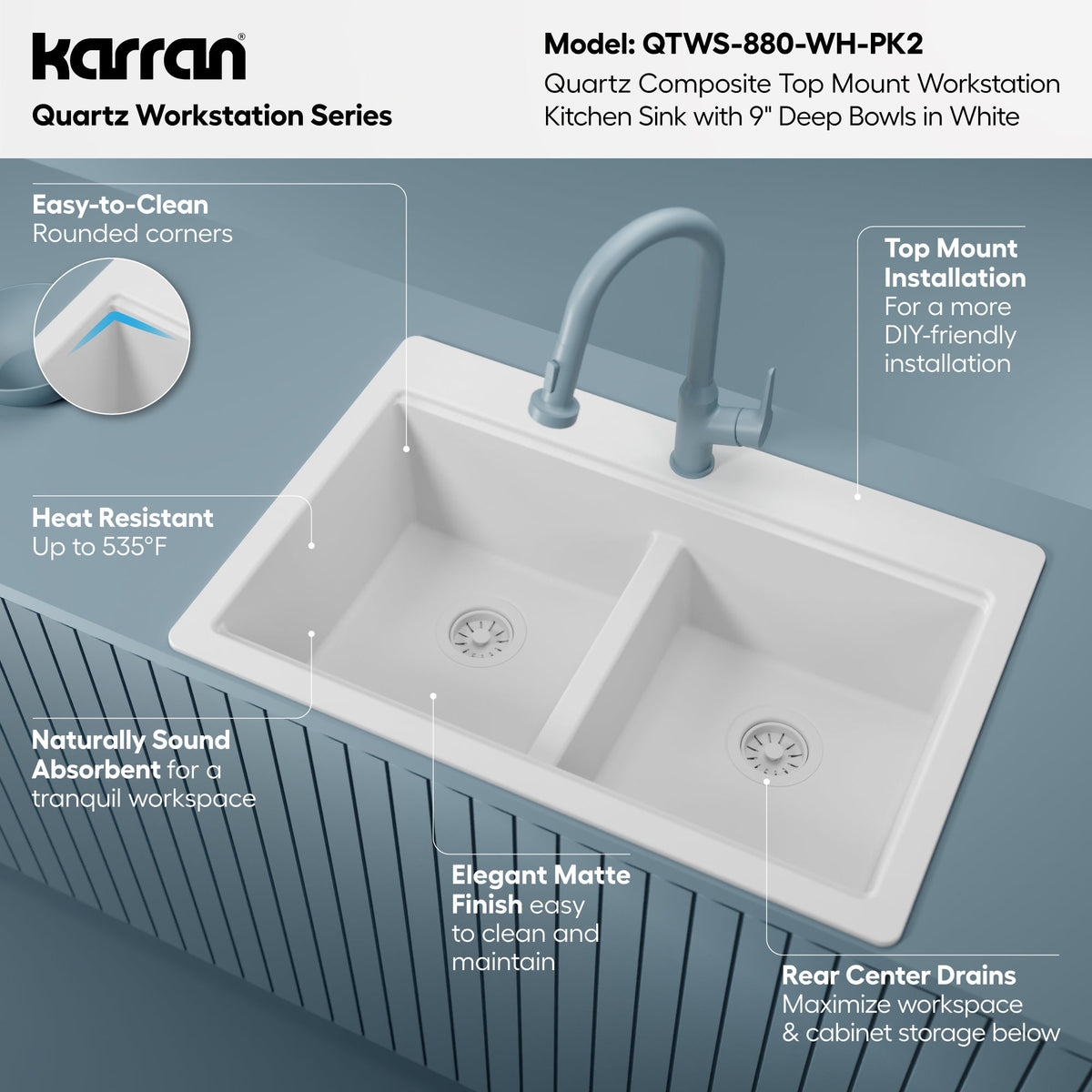 33" Top Mount Double Bowl Quartz Kitchen Sink Kit In White