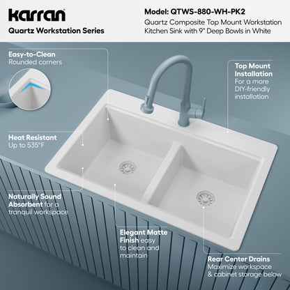 33" Top Mount Double Bowl Quartz Kitchen Sink Kit In White
